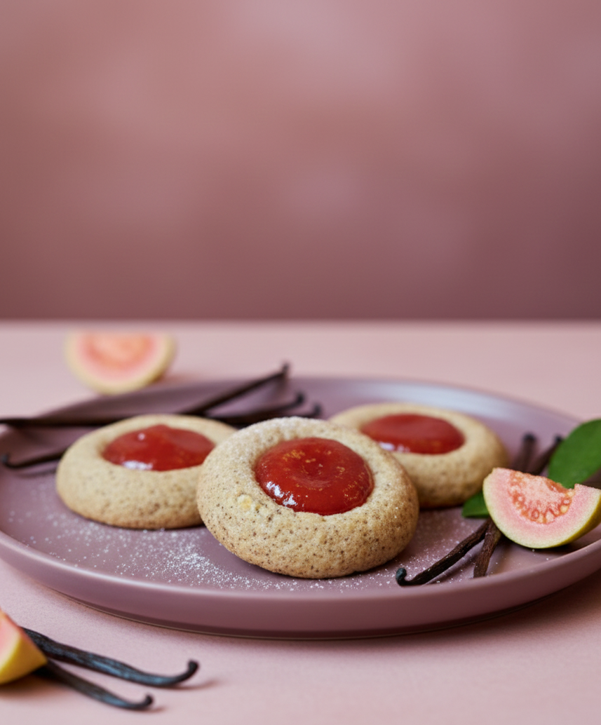 Gros plan professionnel de cookies sablés à la vanille, empilés sur une assiette prune, fourrés d'une confiture de goyave rouge. Des gousses de vanille et des tranches de goyave fraîche sont disposées autour, sur un fond rose poudré et prune. Vue de dessus avec un éclairage de studio doux mettant en valeur la texture.