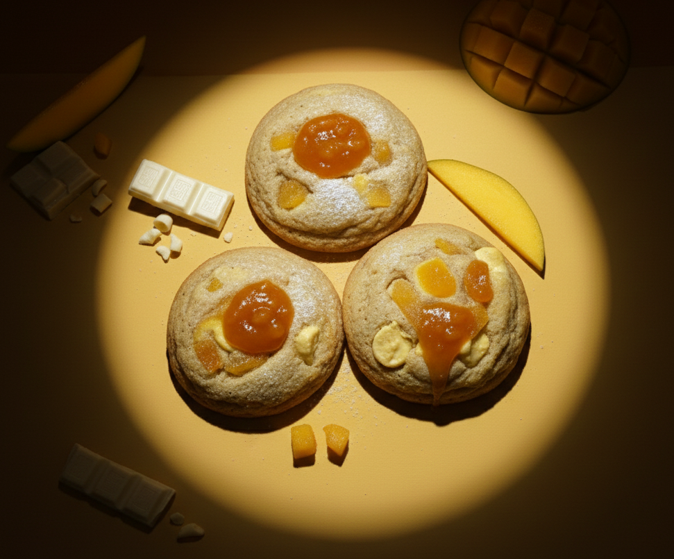 Photo professionnelle en studio, vue de haut, de trois cookies moelleux au chocolat blanc, fourrés d'une compotée de mangue brillante. Les cookies sont mis en lumière et décorés de morceaux de mangue fraîche sur un fond uni jaune vibrant couleur mangue. Idéal pour les recherches de cookie mangue chocolat blanc et pâtisserie exotique.