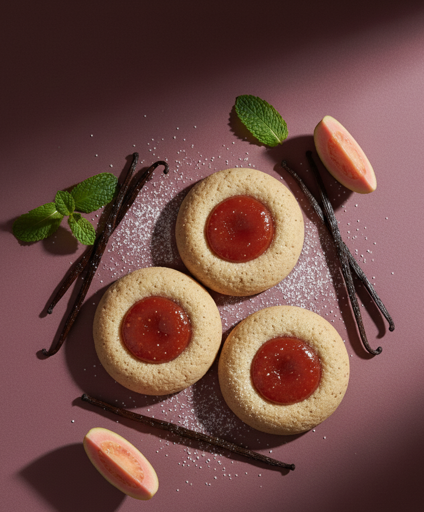Gros plan professionnel de cookies sablés à la vanille, fourrés d'une confiture de goyave rouge. Des gousses de vanille et des tranches de goyave fraîche sont disposées autour, sur un fond rose poudré et prune. Vue de dessus avec un éclairage de studio doux mettant en valeur la texture.