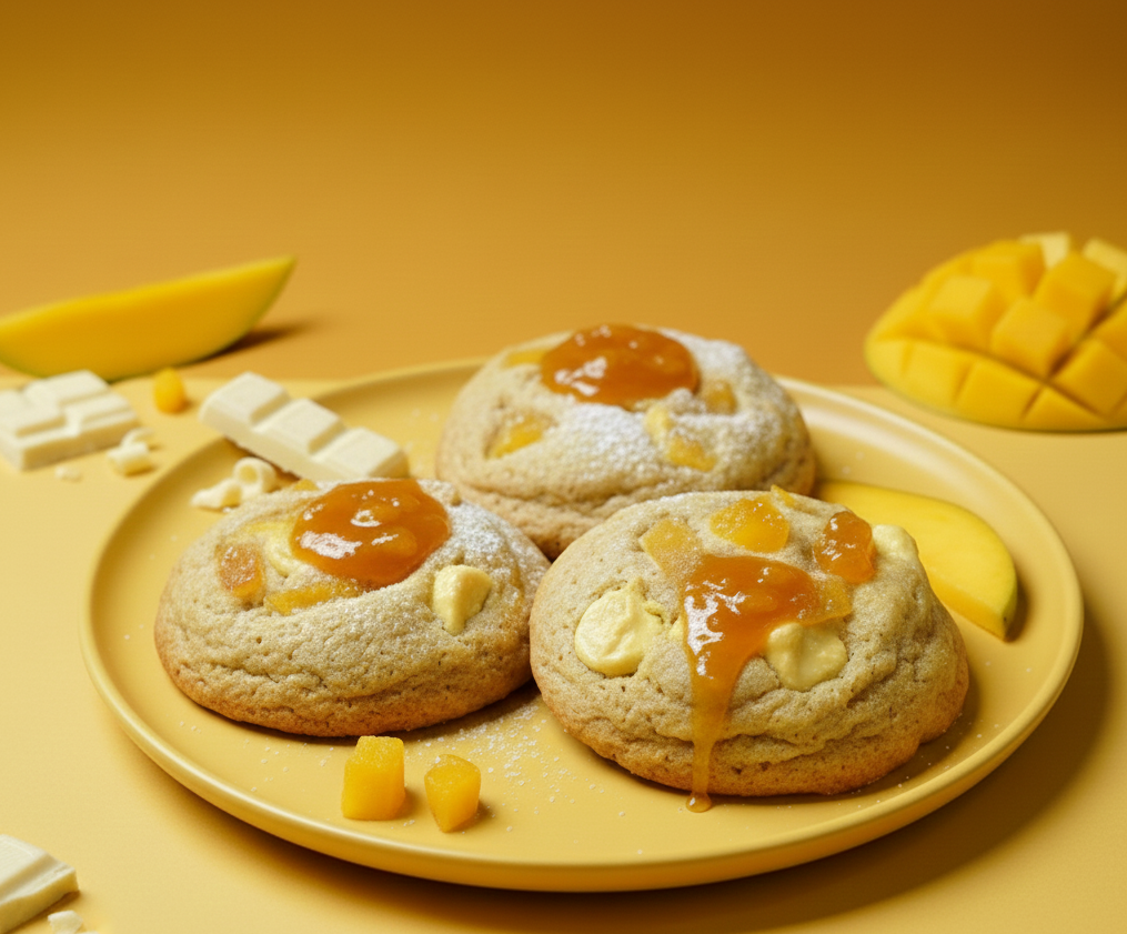 Photo professionnelle en studio, vue de haut, de trois cookies moelleux au chocolat blanc, fourrés d'une compotée de mangue brillante. Les cookies sont mis en lumière et décorés de morceaux de mangue fraîche sur un fond uni jaune vibrant couleur mangue. Idéal pour les recherches de cookie mangue chocolat blanc et pâtisserie exotique.